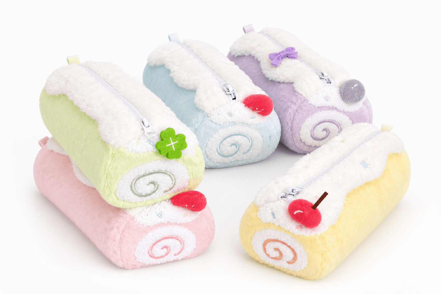 Four colorful roll pencil pouches shown against a clean white background