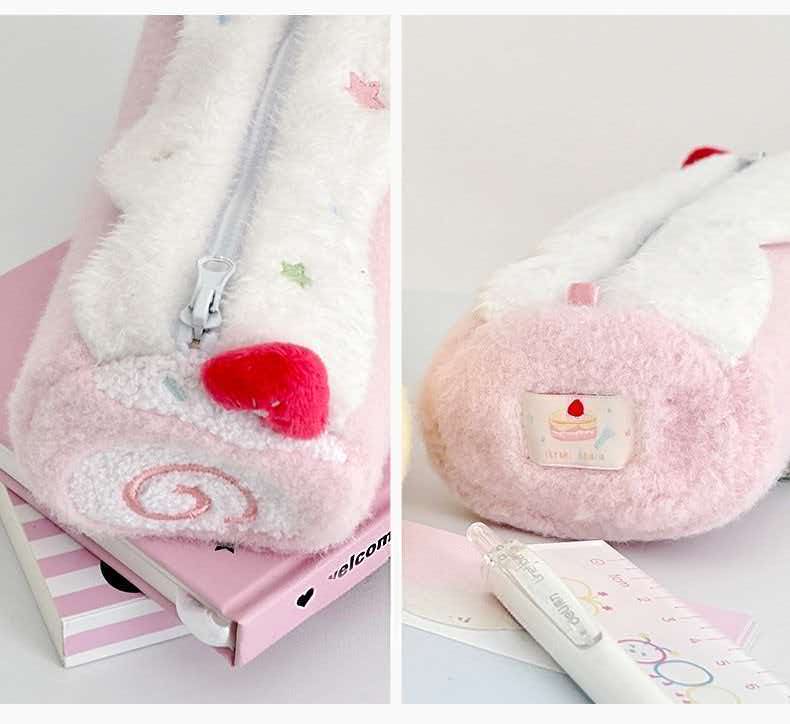 Close view of zipper and opening construction on a plush pencil case