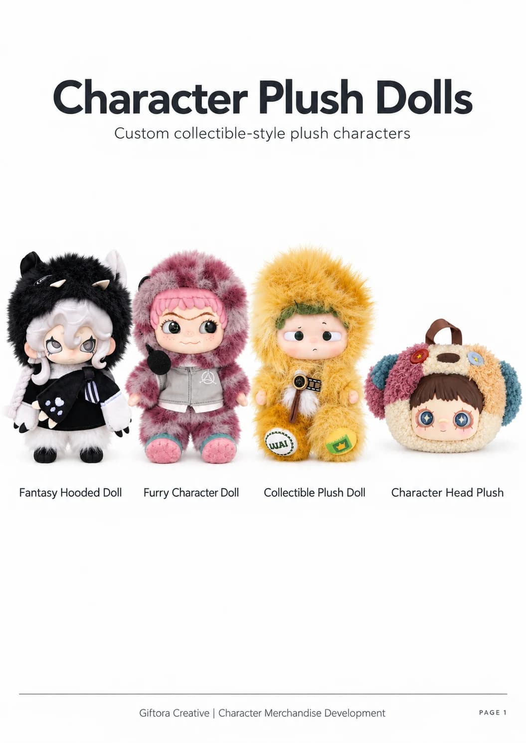 Product-range board showing four collectible-style character plush doll directions with different proportions and costumes