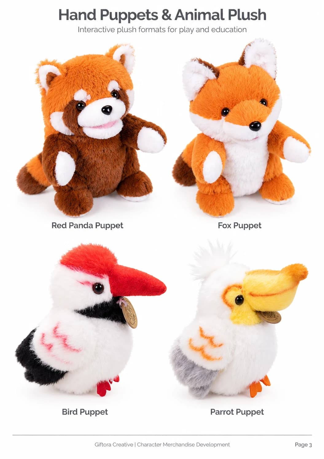 Product-range board showing red panda, fox and bird hand-puppet plush directions for interactive animal merchandise