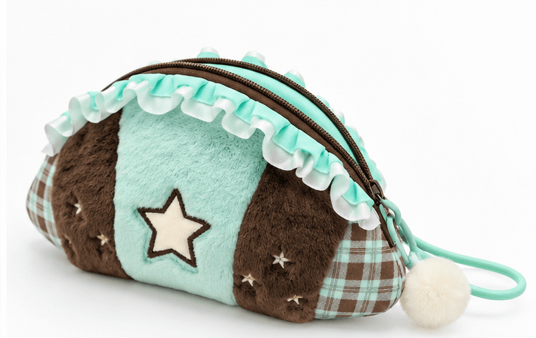 Angled view of the mint star pouch showing the zipper and soft construction